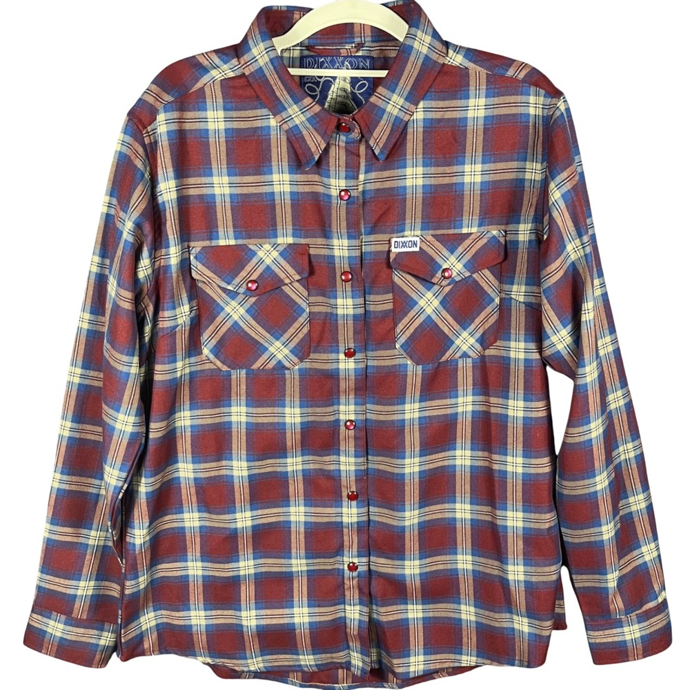 Dixxon Flannel Co Old Port Shirt Womens Large Burgundy Blue Plaid D-Tech Snap